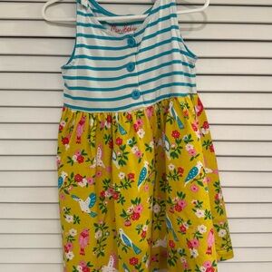 Mini Boden Yellow Floral & Aqua Striped Bird-Print Dress 3-4T